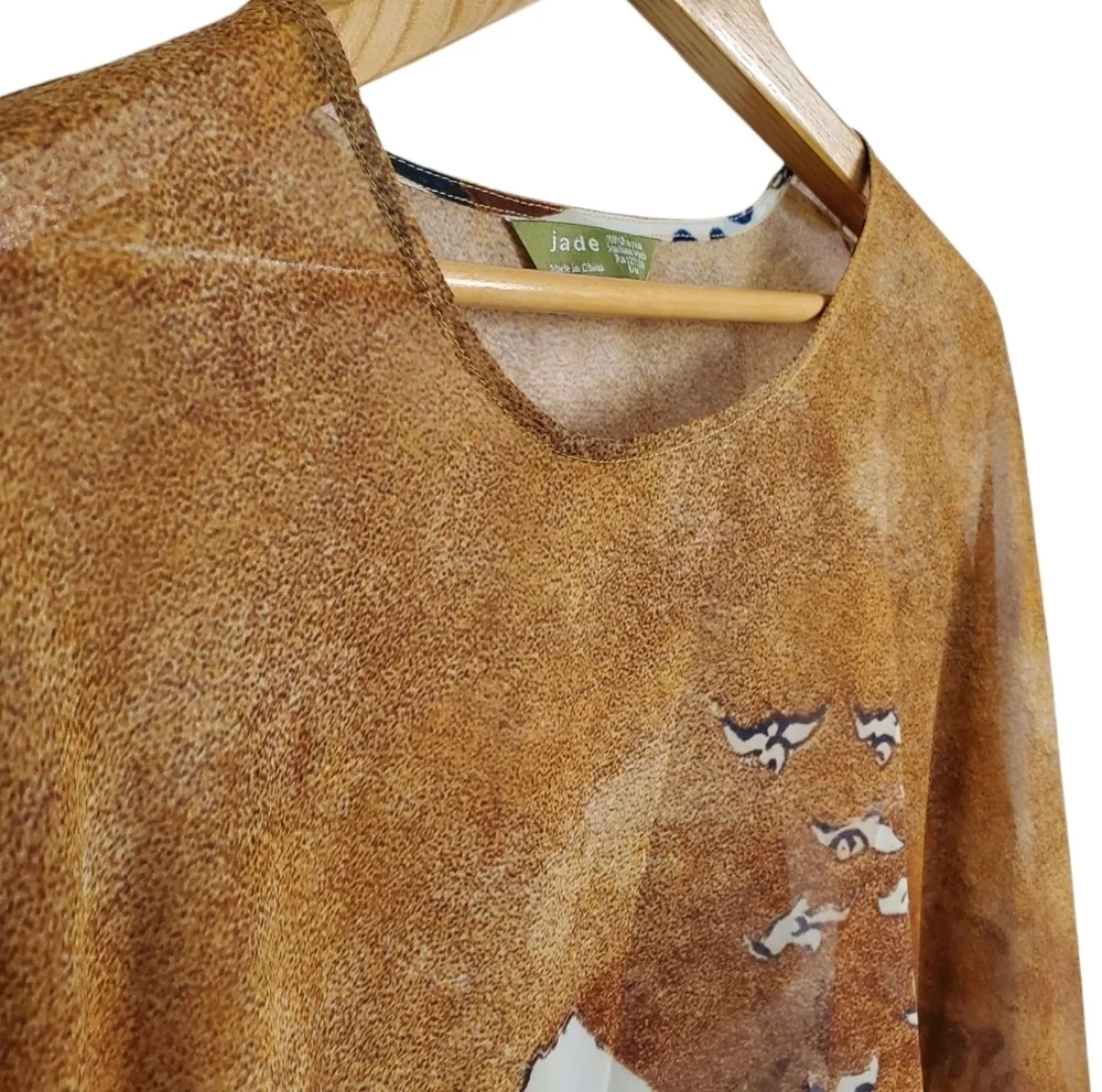 Women's Jade Boho Blouse. Brown w/ Blue Wave. Oversized and Flowy. S/M. #319
